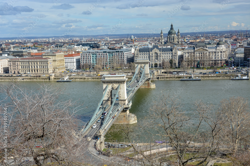 View on Chain Bridge in Budapest with the river Danube from the palace