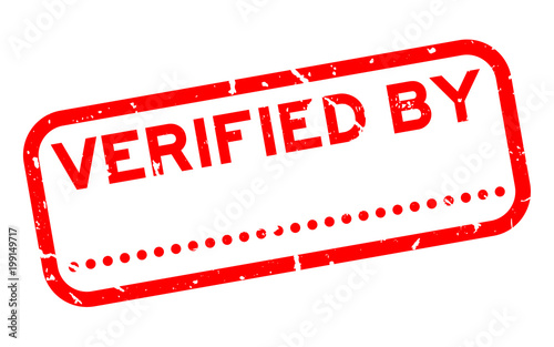Grunge red verified by word with dot line for signature square rubber seal stamp on white background
