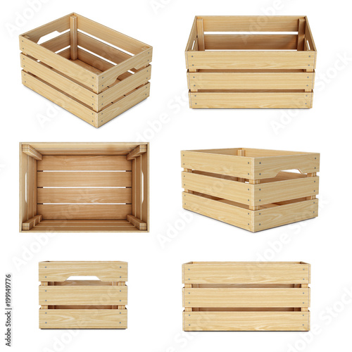 Wooden crates from various views isolated on white background 3d rendering
