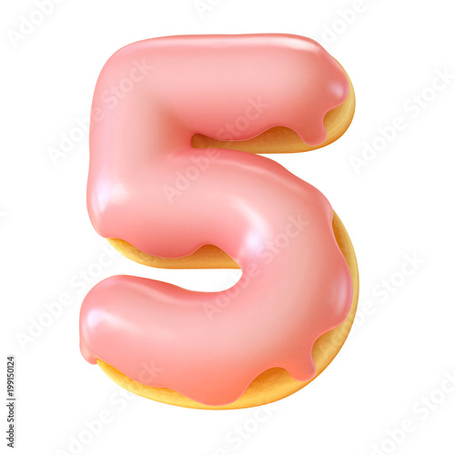 Glazed donut font 3d rendering number 5