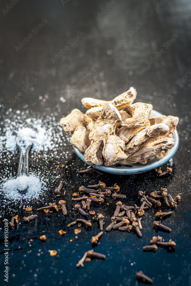 Close up of ayurvedic herb or folk medicine Dried Ginger or Zingiber
