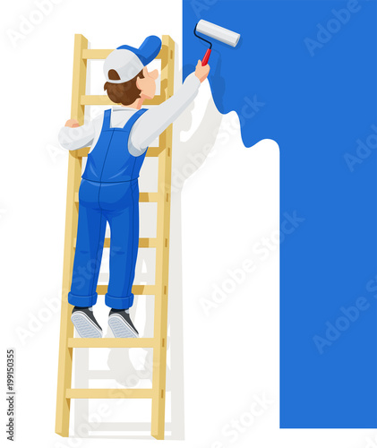 Painter at stairs paint wall. Cartoon character. People