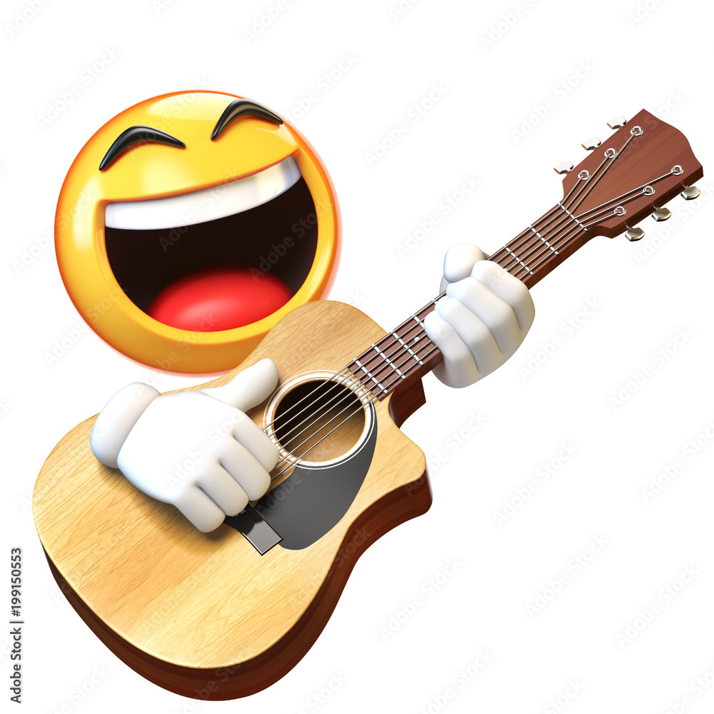 Emoji playing guitar isolated on white background, emoticon guitarist