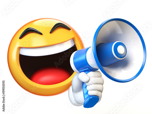 Принти на полотні Emoji holding loudspeaker isolated on white background, emoticon holding megapho