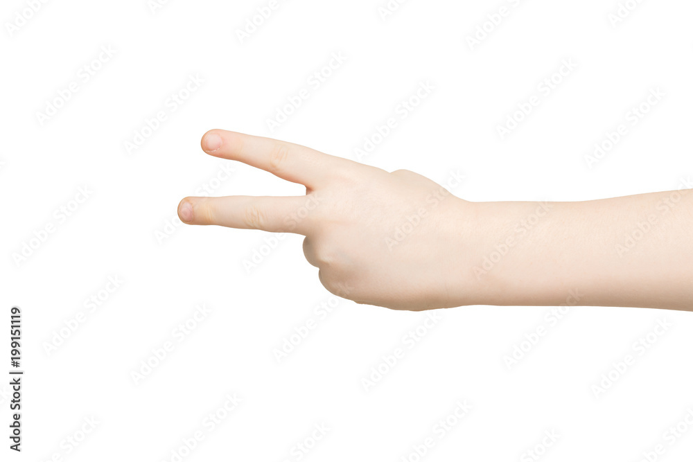 Kid hand shows number two on white background Kid hand shows number two on white background