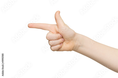 Kid hand pointing with index finger isolated