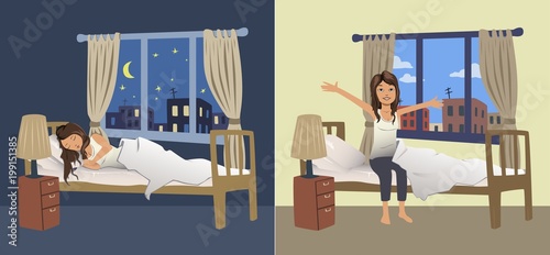 Cute young woman sleep at night in the bedroom and wake up in the morning. Vector illustration.