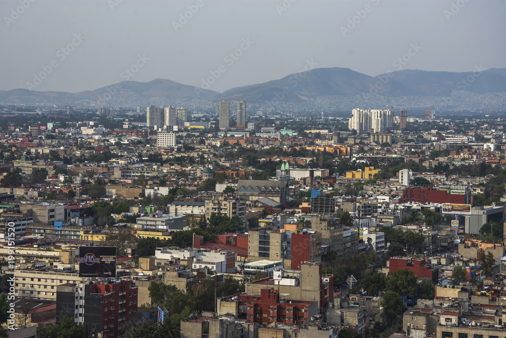 Skyline in Mexico City, Reforma aerial view at sunset time