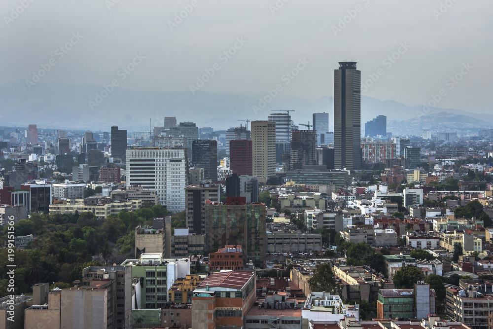 Skyline in Mexico City, Reforma aerial view at sunset time