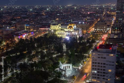 Dusk falls over the Palacio de Bellas Artes in Mexico City.