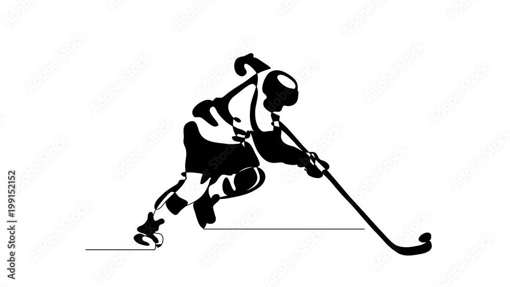 Fototapeta premium Continuous line drawing. Black and white illustration shows hockey player in attack. Ice Hockey. Vector illustration