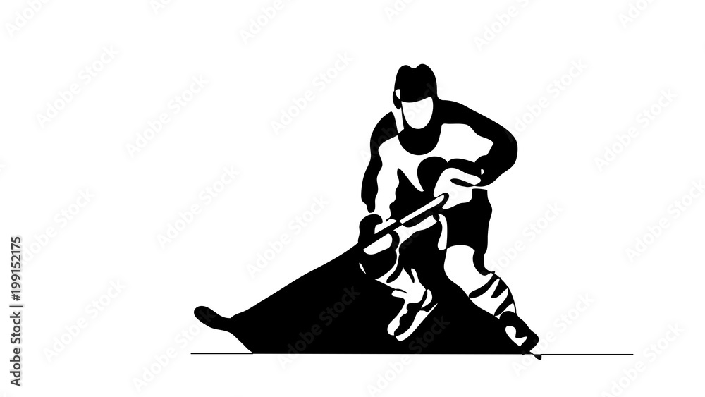 Continuous line drawing. Black and white illustration shows hockey player in attack. Ice Hockey. Vector illustration