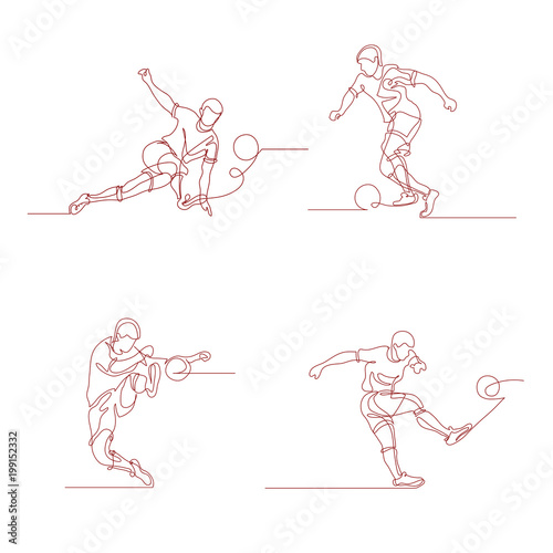 Continuous line drawing. Set of a football player kicks the ball. Soccer. Vector illustration