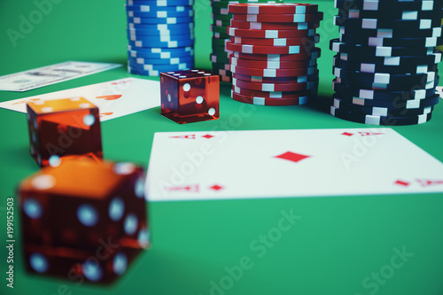 3D illustration playing chips, cards and money for casino game on green table. Real or Online casino concept. photo