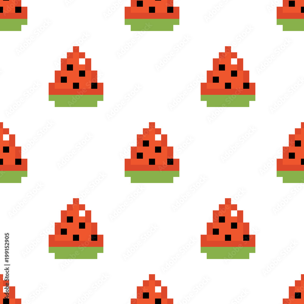 Pixel watermelon slices vector seamless pattern background.