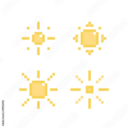 Set, collection of pixel sun icons isolated on white background.