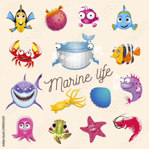 Marine life. Cartoon fun sea and ocean animals set. Vector illustration, isolated on white background