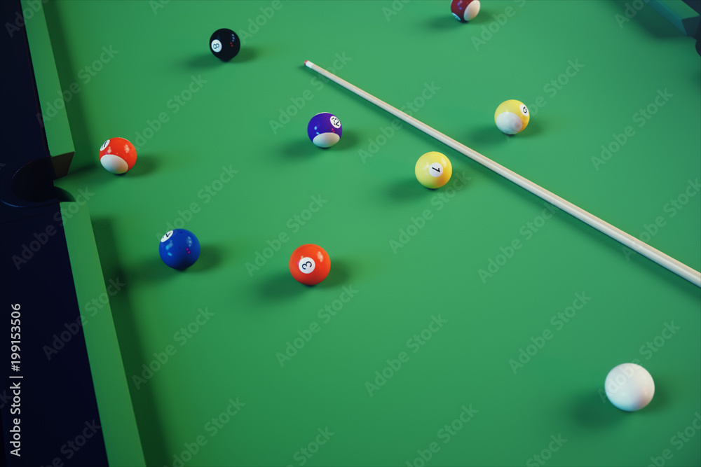 3D illustration recreation sport. Billiards balls with cue on green billiards table. Billiard sport concept. Pool billiard game 3D illustration recreation sport. Billiards balls with cue on green billiards table. Billiard sport concept. Pool billiard game