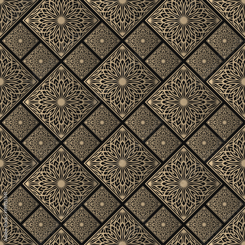 Seamless pattern oriental ornament. Black and golden textile print. Islamic vector design. Floral tiles.