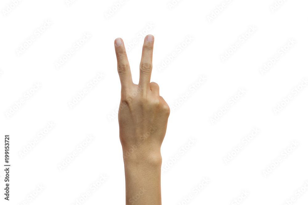 Hand woman show two fingers isolated on white background with clipping path Hand woman show two fingers isolated on white background with clipping path