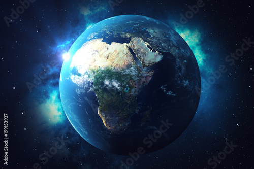 Fototapeta Naklejka Na Ścianę i Meble -  3D Rendering World Globe. Earth Globe with Backdrop Stars and Nebula. Earth, Galaxy and Sun From Space. Blue Sunrise. Elements of this image furnished by NASA.