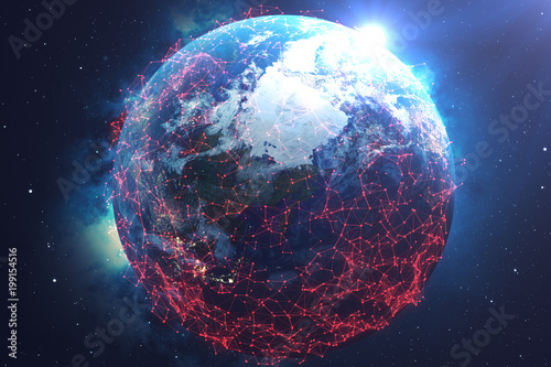 Fototapeta Naklejka Na Ścianę i Meble -  3D rendering Network and data exchange over planet earth in space. The concept of contamination of the earth by a deadly virus. The concept of hacking the network and data exchange, Earth is in danger