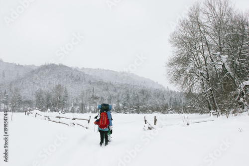 Travelers go to the background of a winter landscape.