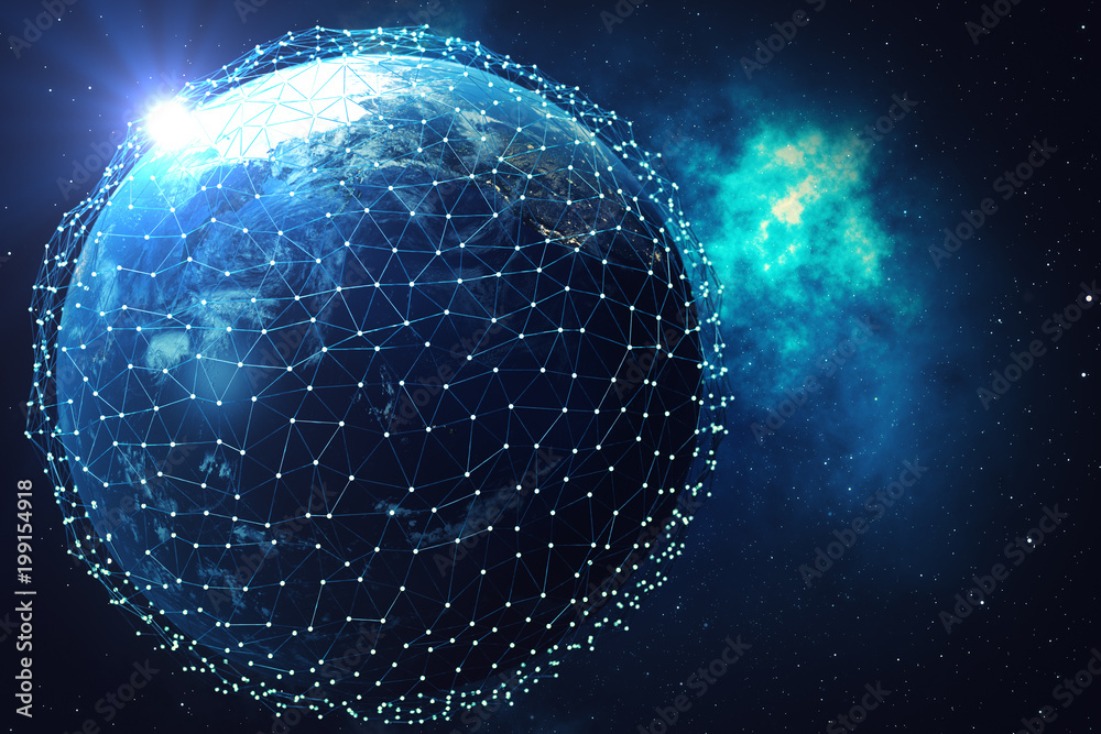 3D rendering Network and data exchange over planet earth in space. Connection lines Around Earth Globe. Blue Sunrise. Global International Connectivity, Elements of this image furnished by NASA 3D rendering Network and data exchange over planet earth in space. Connection lines Around Earth Globe. Blue Sunrise. Global International Connectivity, Elements of this image furnished by NASA