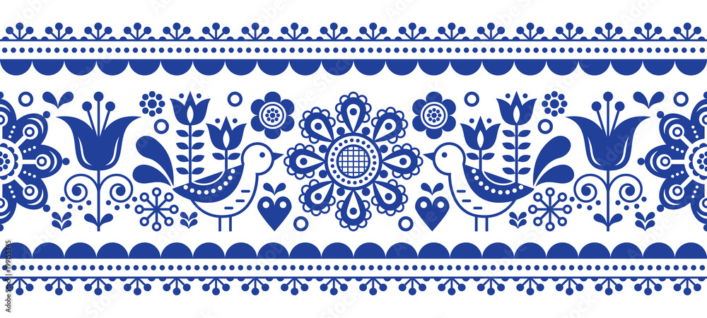 Scandinavian seamless vector pattern with flowers and birds, Nordic folk art repetitive navy blue ornament 