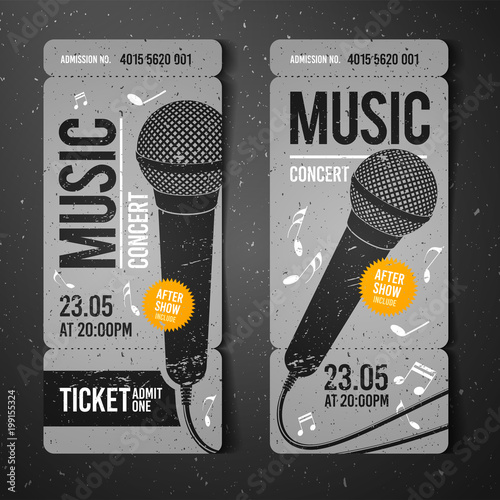 vector illustration gray music concert ticket design template with microphone and cool grunge effects in the background