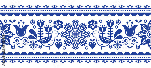 Scandinavian seamless vector pattern with flowers and birds, Nordic folk art repetitive navy blue ornament 