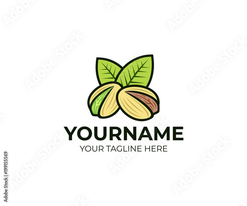Pistachios nuts with green leaves, logo template. Pistachio seed with shell and leaf, vector design. Vegetarian and organic, natural food and nutrition, illustration