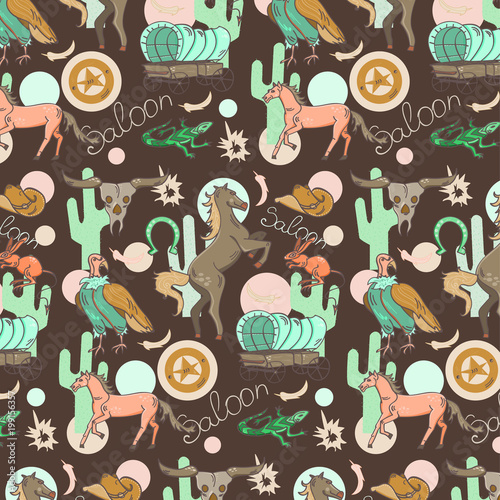 Wild west seamless pattern with horse, skull, cactus, wagon, lizard, scavenger on a brown background