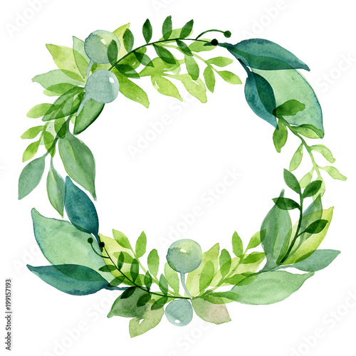 Watercolor wreath on white background. Green bright leaves and branchlets photo