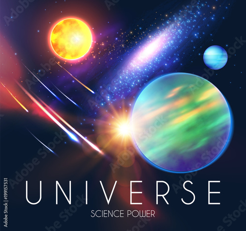 Space Shining Backgrouns with Realistic 3D Planets and Stars. Univerce and Cosmos Design. Light of a Galaxy. Science Template.