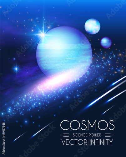 Space Shining Backgrouns with Realistic 3D Planets and Stars. Univerce and Cosmos Design. Light of a Galaxy. Science Template.