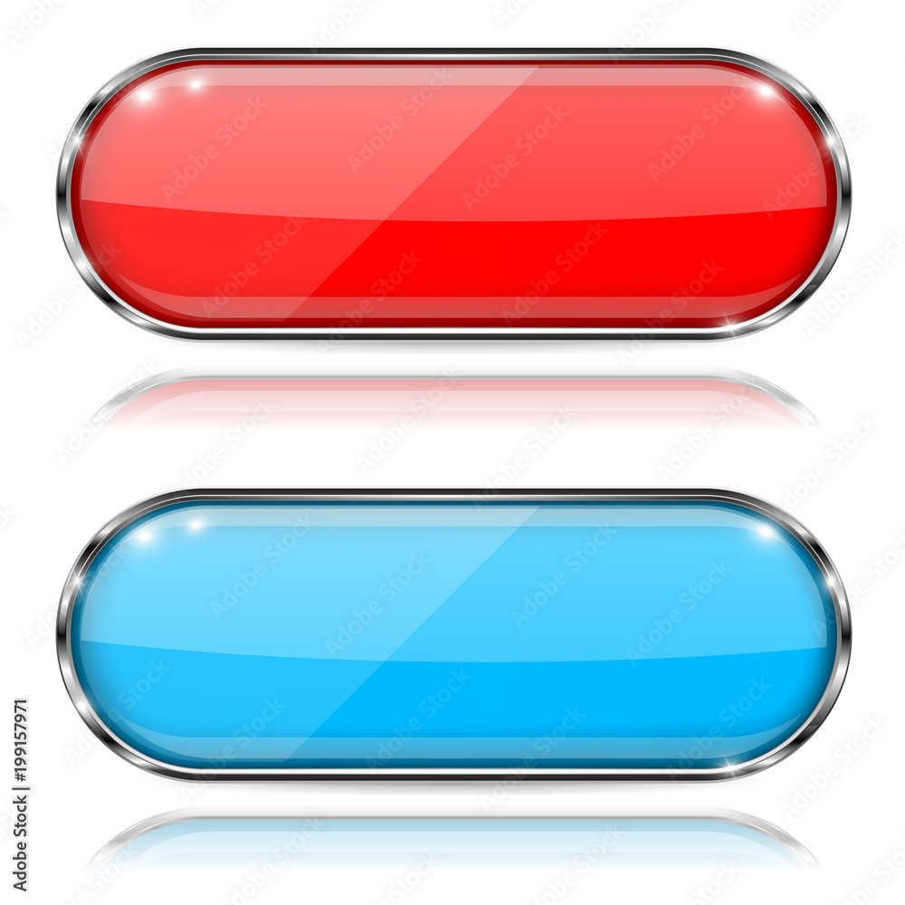 Glass buttons. Red and blue oval 3d buttons with metal frame. With reflection on white background Glass buttons. Red and blue oval 3d buttons with metal frame. With reflection on white background