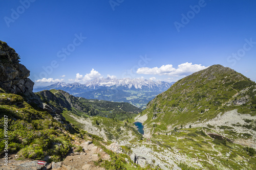 View to lake Spiegelsee and summit Schober and mountain Dachstein