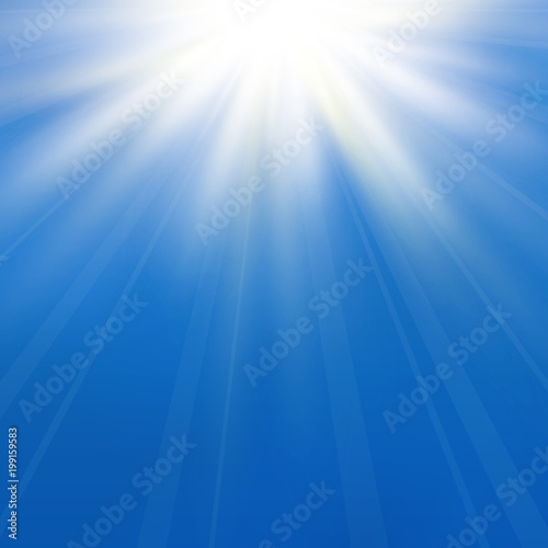 Abstract background of asymmetric in dark blue sky. Sun light burst with the center in the upper