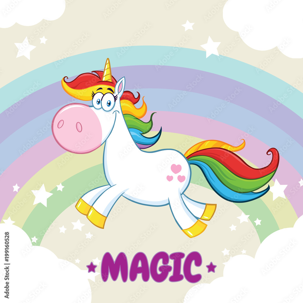 Smiling Magic Unicorn Cartoon Mascot Character Running Around Rainbow With Clouds. Illustration With  Background And Text Magic