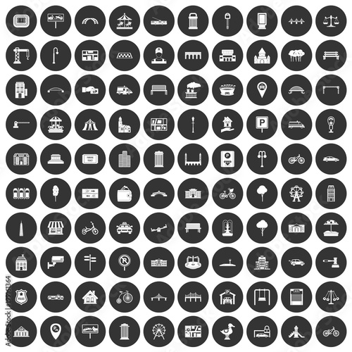 100 city icons set black circle