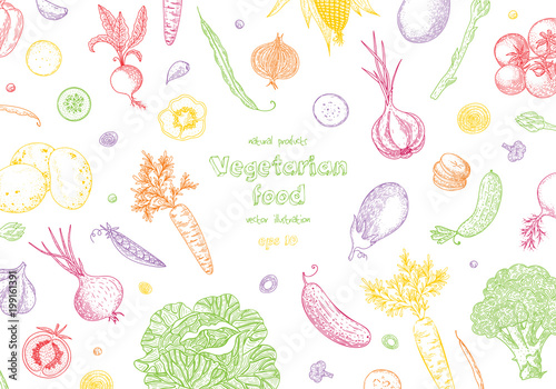 Vegetable hand drawn vintage vector illustration. Vegetarian set of organic products. Can be used for wrapping paper, street festival, farmers market, country fair, shop, menu, cafe, restaurant.