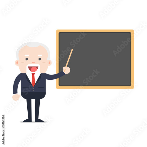 Senior teacher, professor standing in front of blackboard teaches a lesson on the chalkboard.