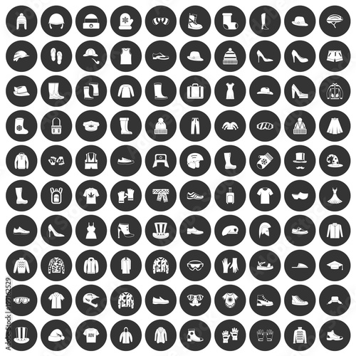 100 clothing and accessories icons set black circle