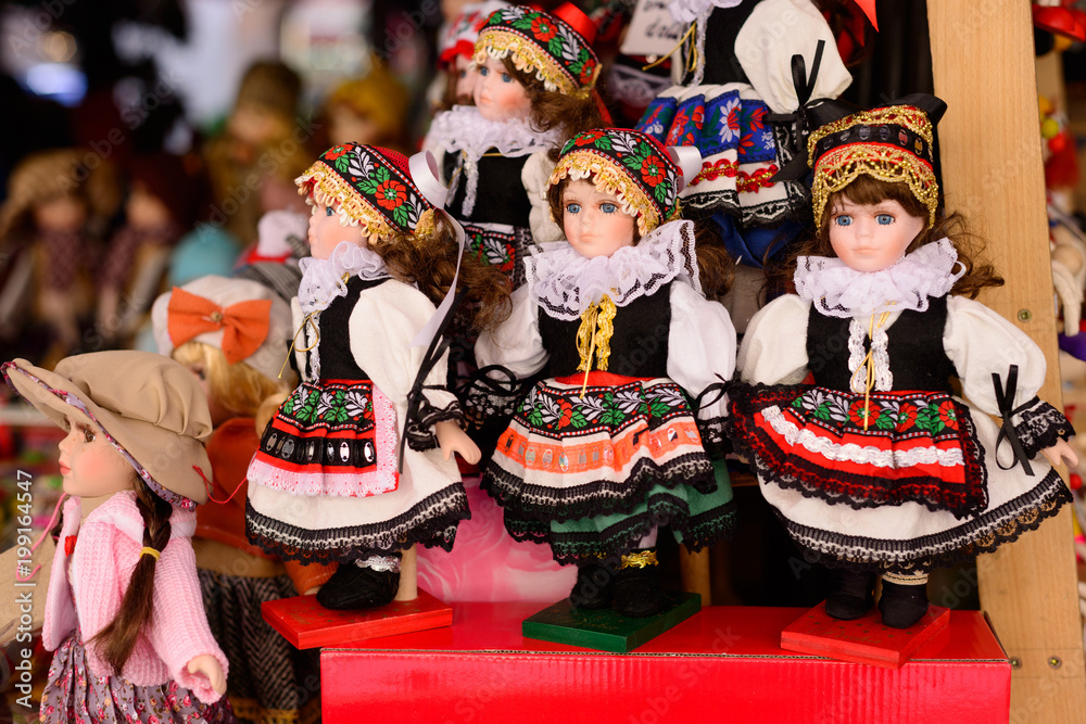 Traditional Czech dolls. Tourist souvenirs in the center of Prague.