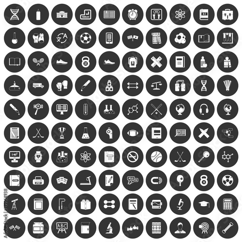100 college icons set black circle