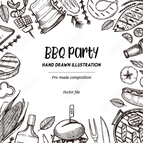 Hand drawn vector illustrations. BBQ collection. Barbeque design elements in sketch style. Fast food.  Perfect for menu, prints, packing, leaflets, advertising