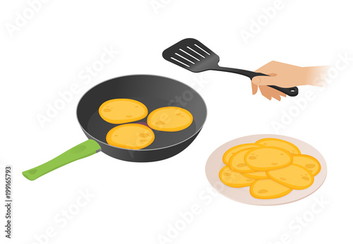 Flat isometric illustration of frying pan with pancakes, a hand with kitchen spatula. The morning cooking of sweet fried cakes in the dripping pan. Cookware, eating, food, breakfast vector concept.