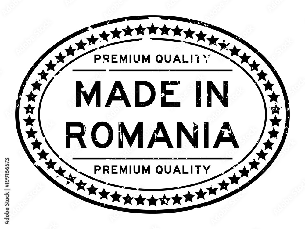 Grunge black premiumq quality made in Romania oval rubber seal business stamp on white background
