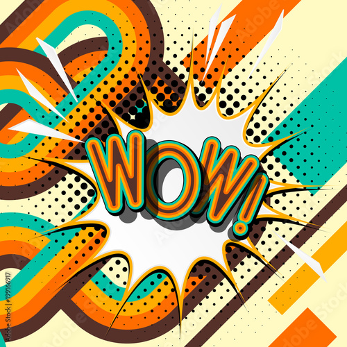 WOW – retro lettering with shadows, halftone pattern on retro poster  background. Vector bright illustration in vintage pop art style.